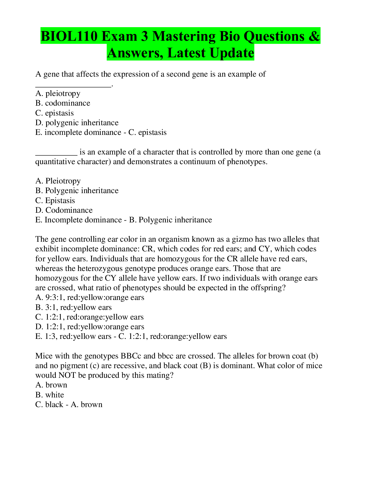 Preview image of BIOL110 Exam 3 Mastering Bio Questions & Answers, Latest Update document